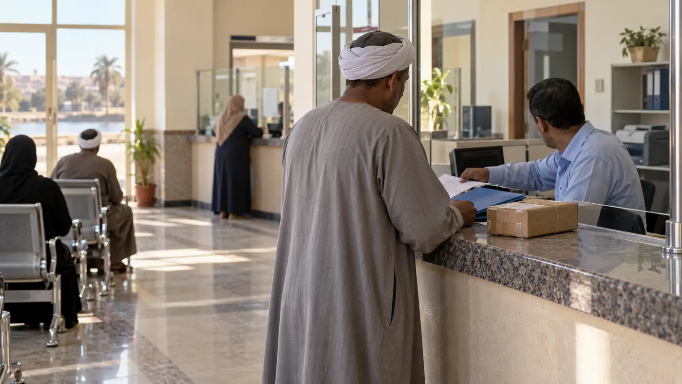 مواطن يتعامل مع موظف في مكتب خدمات منظم وبجواره مستندات وطرد