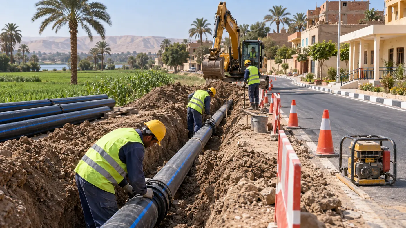 عمال ينفذون خط مياه بجوار طريق مطور وقرية ريفية