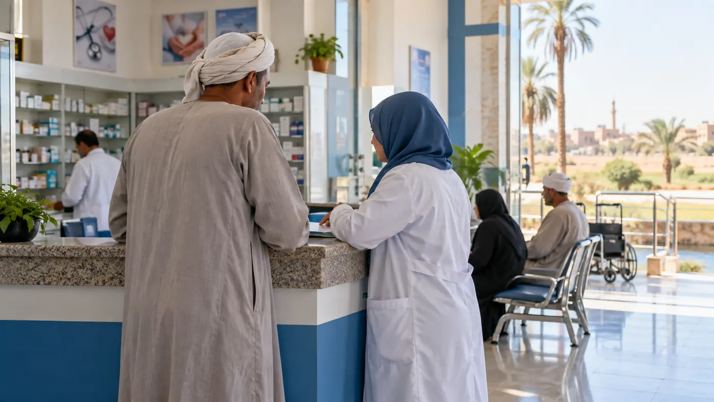 مراجع يتحدث مع مختصة رعاية صحية داخل منشأة طبية نظيفة