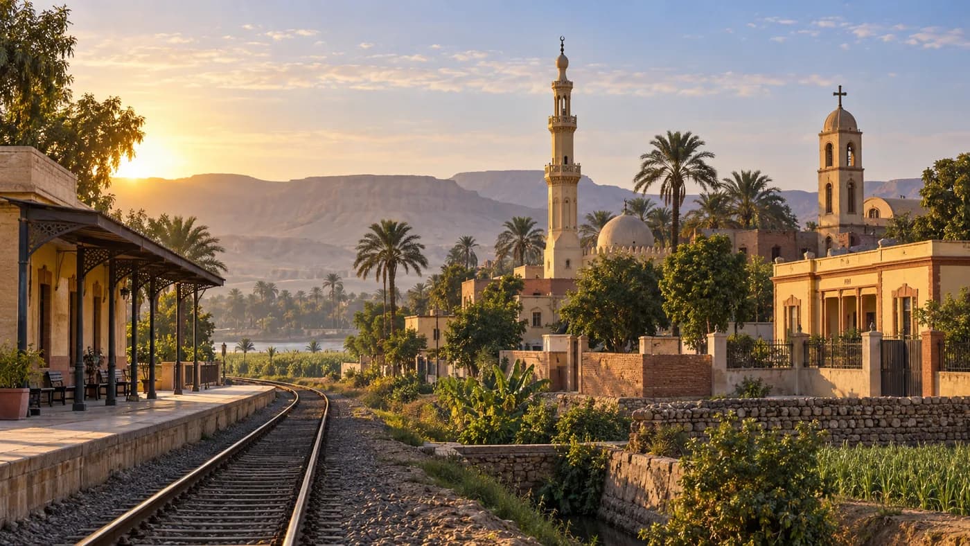 مشهد تعبيري لمعالم العسيرات الدينية والخدمية ومحطة القطار