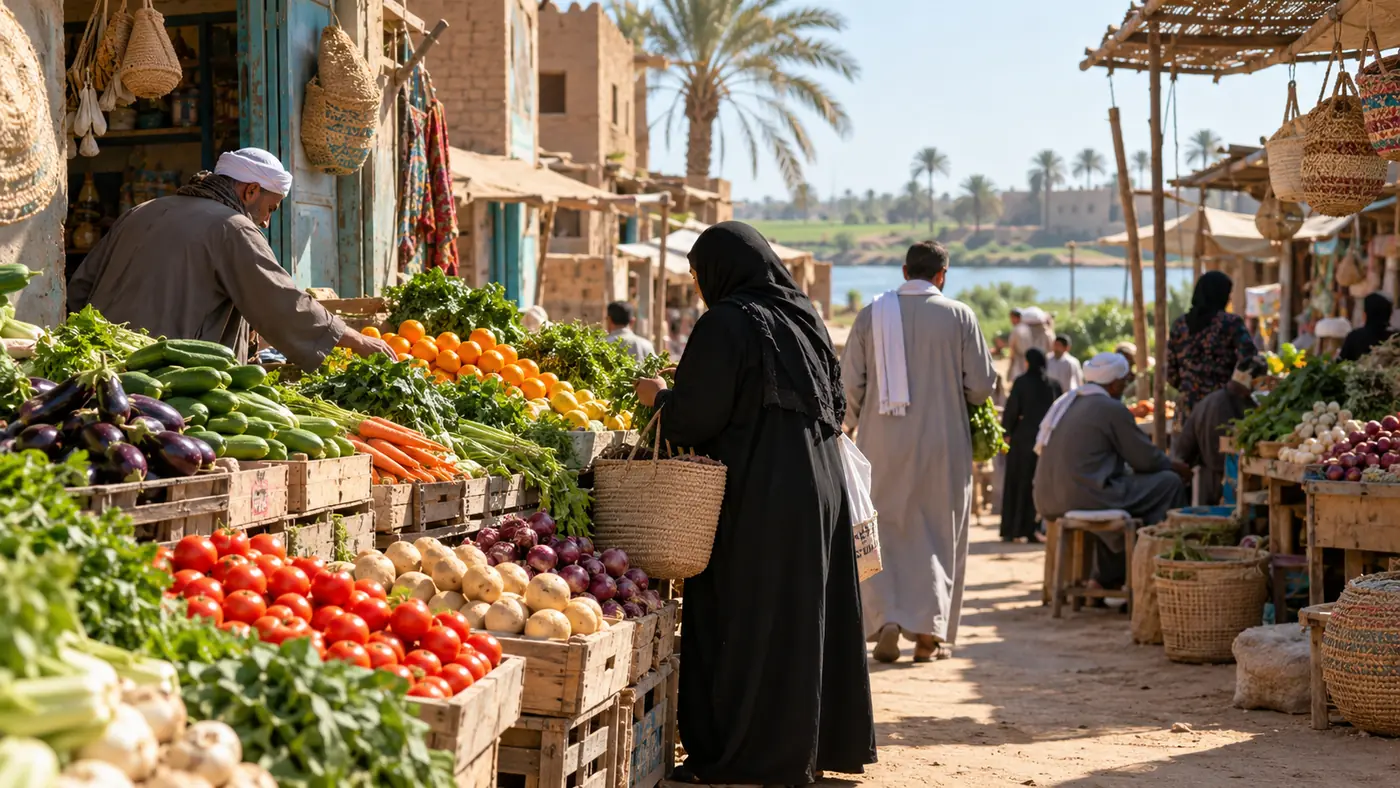سوق محلي منظم يعرض الخضروات والفاكهة في قرية بصعيد مصر