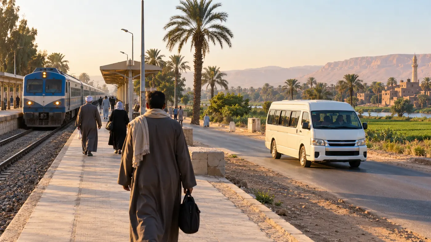 قطار إقليمي وميكروباص بجوار طريق وحقول في صعيد مصر