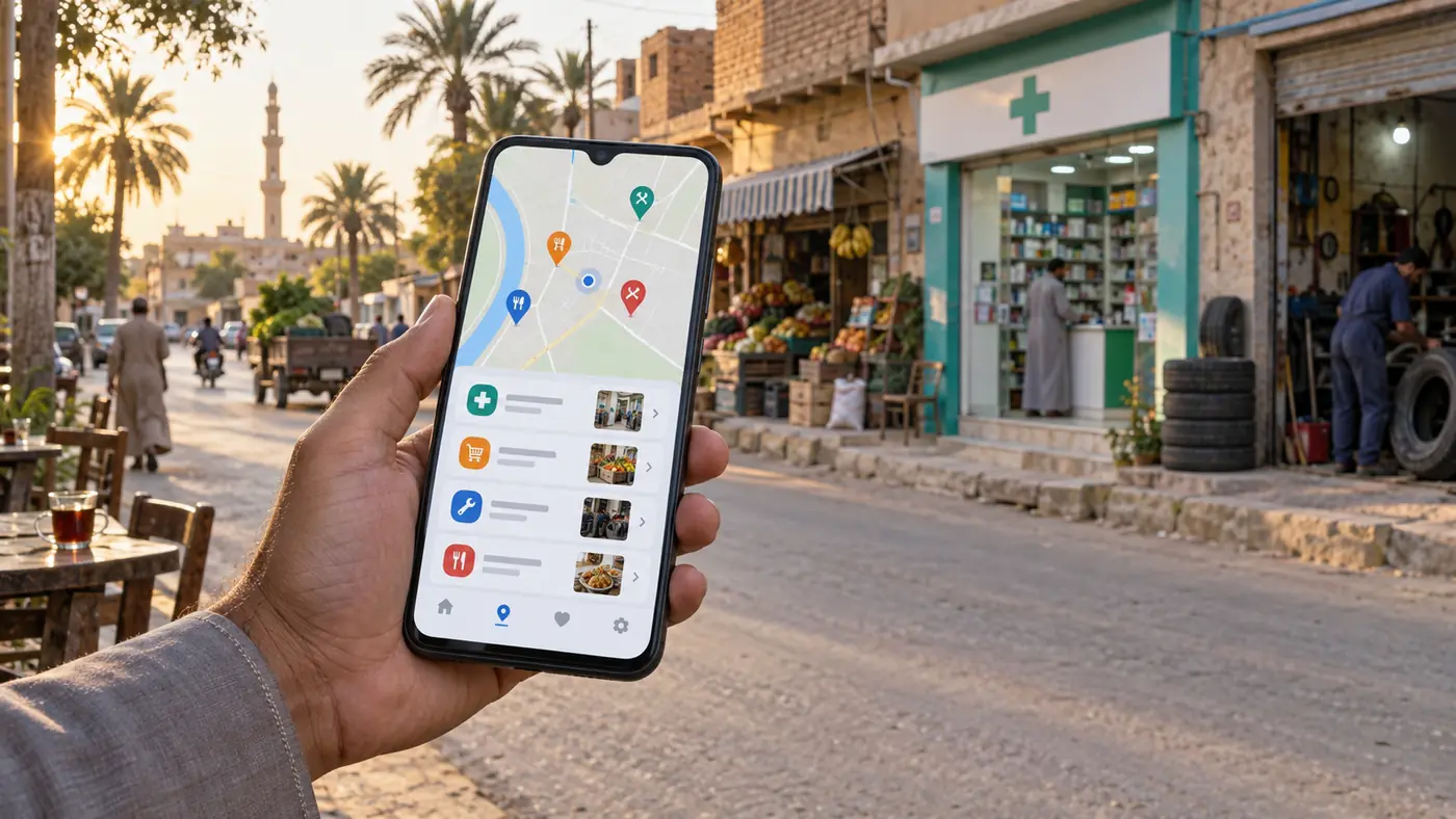 هاتف يعرض خريطة وقائمة خدمات محلية أمام شارع به محلات