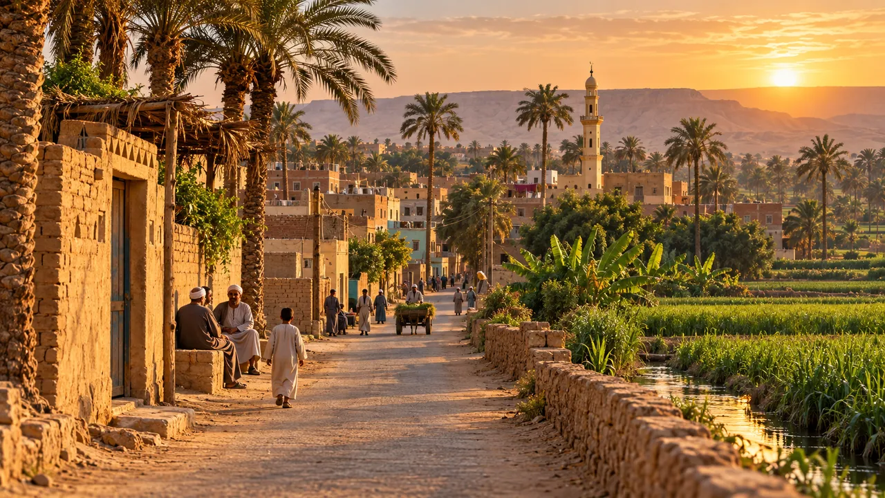 طريق وحقول ومنازل ريفية مستوحاة من الرشايدة في مركز العسيرات بسوهاج