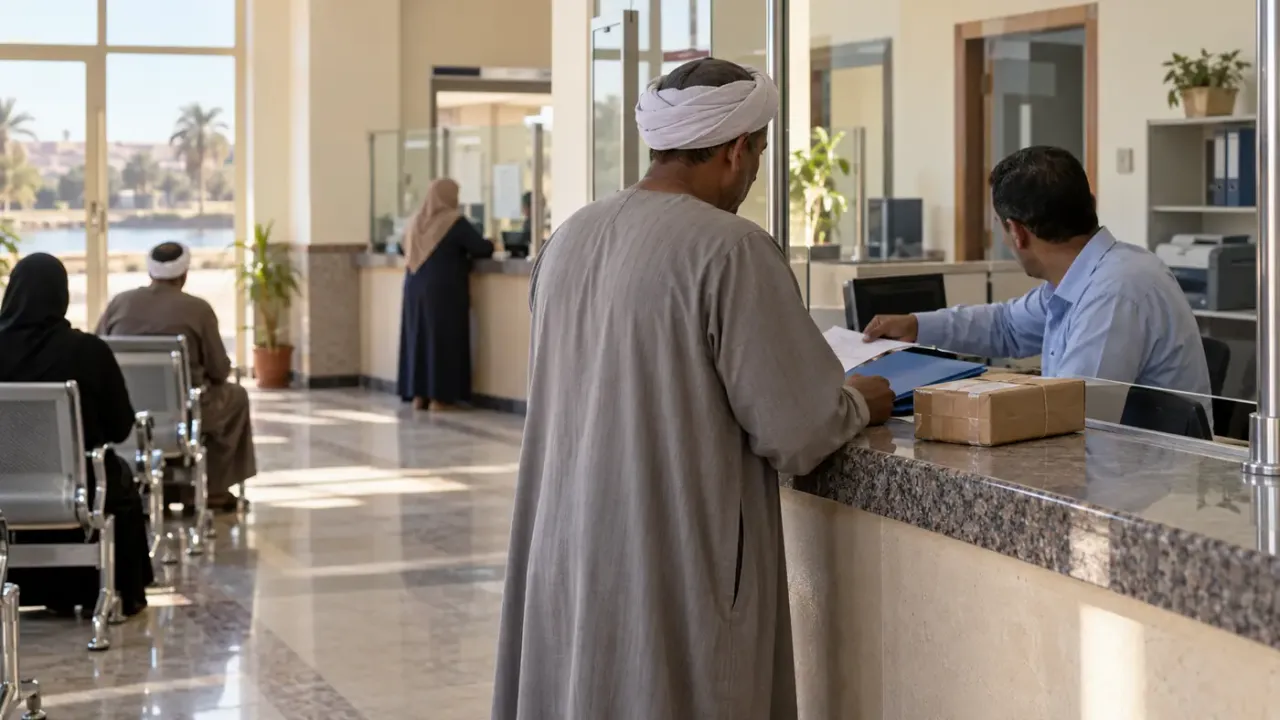 مواطن يتعامل مع موظف في مكتب خدمات منظم وبجواره مستندات وطرد
