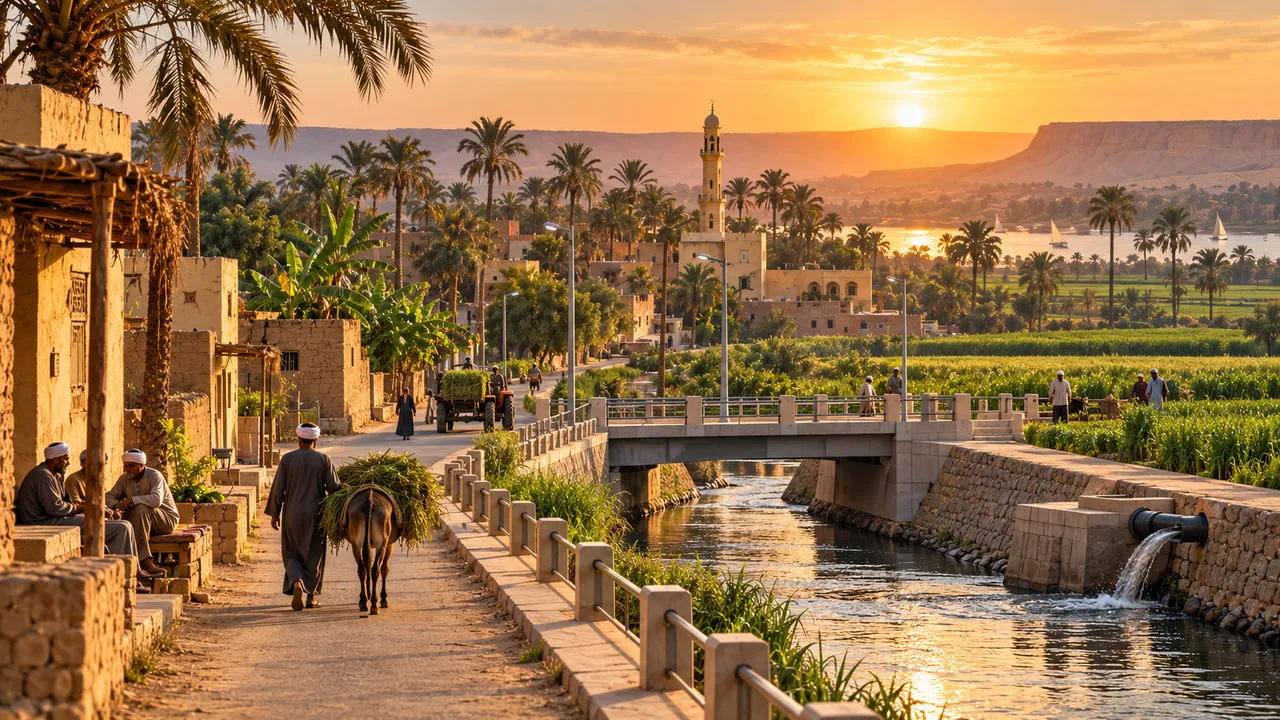 مشهد قرية وحقول وطريق مستوحى من الأحايوة غرب في العسيرات بسوهاج
