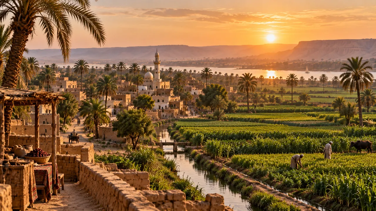 حقول وقناة ري ومنازل ريفية مستوحاة من المساعيد في مركز العسيرات