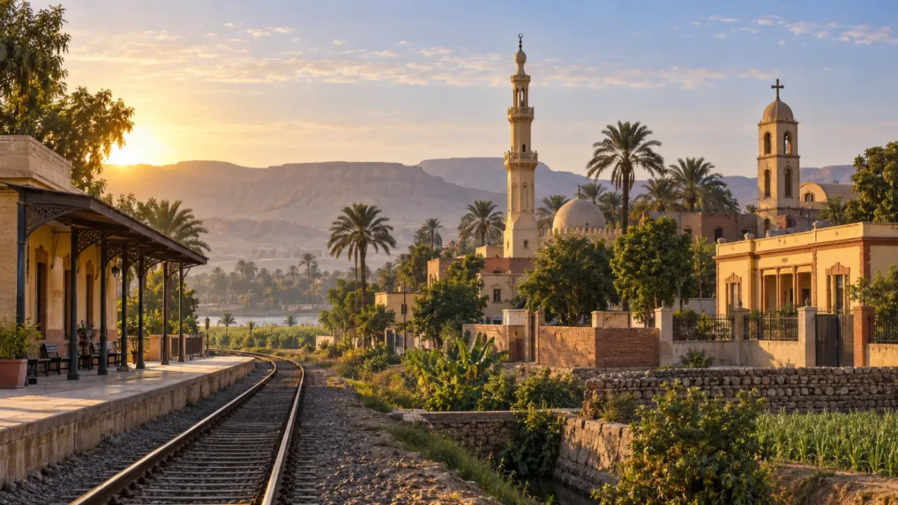 مشهد تعبيري لمعالم العسيرات الدينية والخدمية ومحطة القطار
