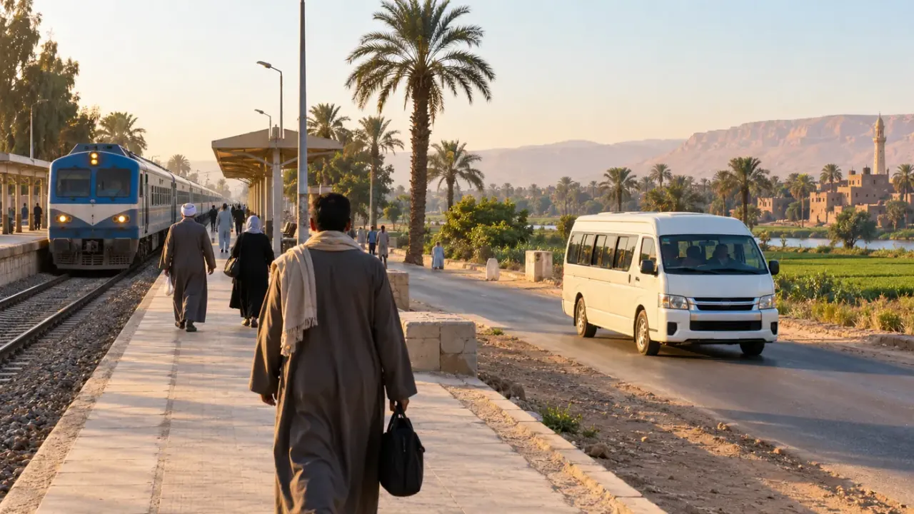 قطار إقليمي وميكروباص بجوار طريق وحقول في صعيد مصر