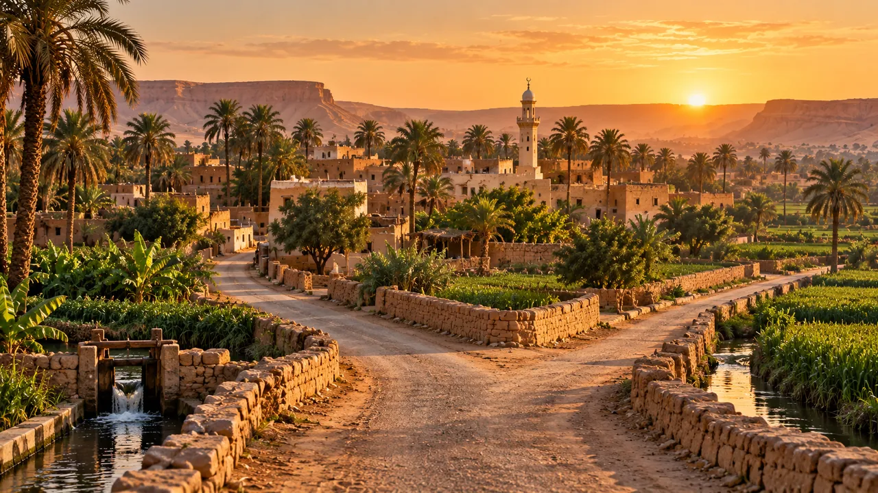 قرية صعيدية وحقول وطريق مستوحى من النويرات في العسيرات