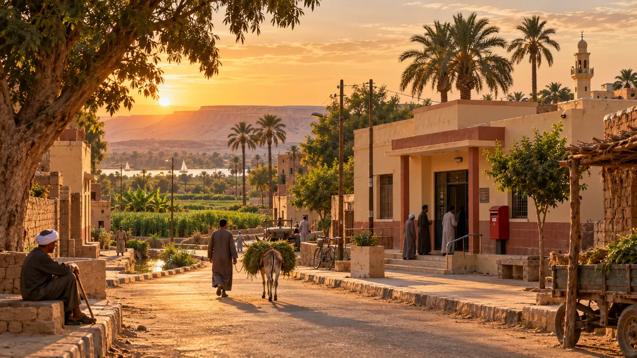 مشهد ريفي وحقول وبيوت مستوحاة من عوامر العسيرات بمحافظة سوهاج
