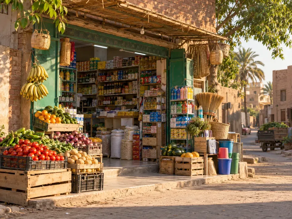 محل بقالة وتجهيزات تجارية في قرية مصرية