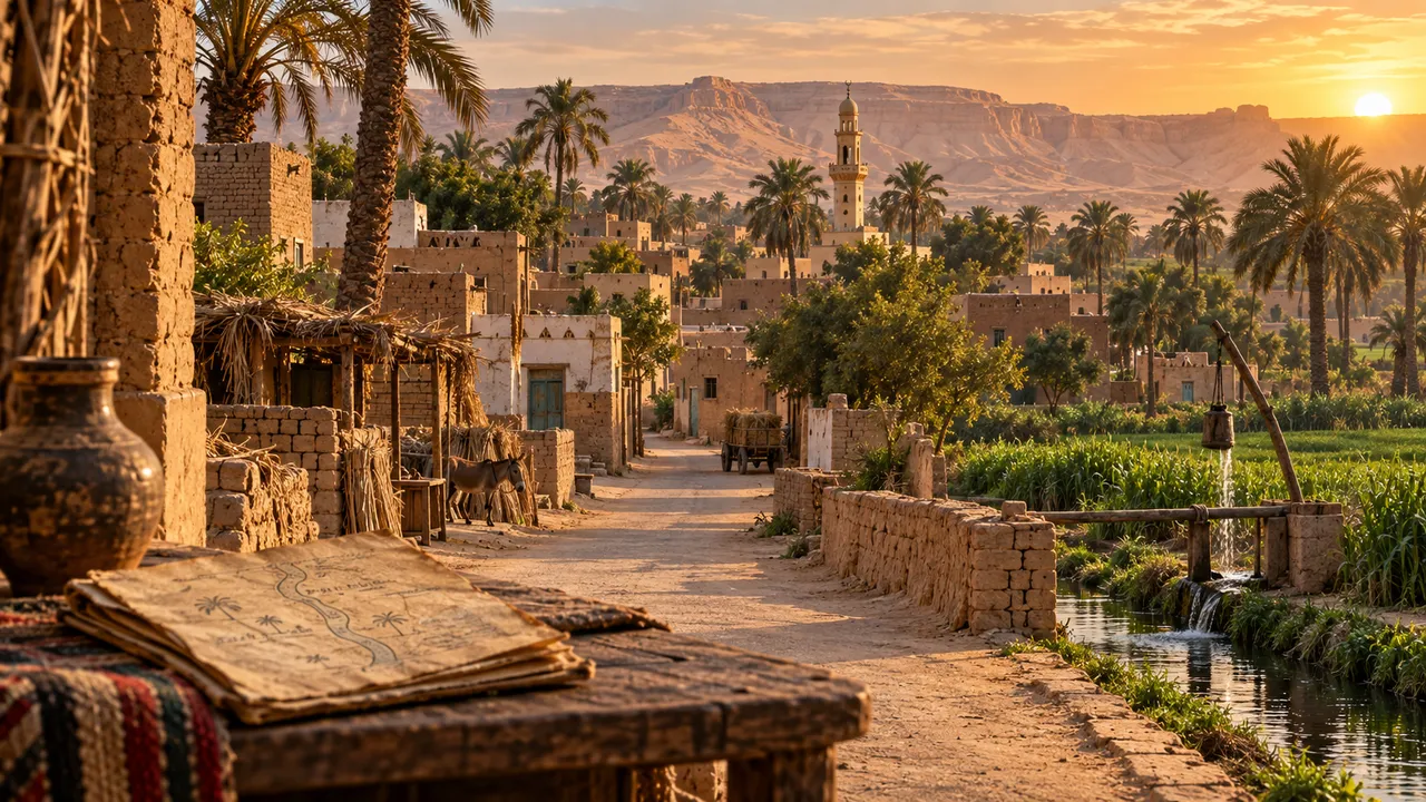طريق ريفي وبيوت وحقول مستوحاة من قرية أولاد جبارة في مركز العسيرات