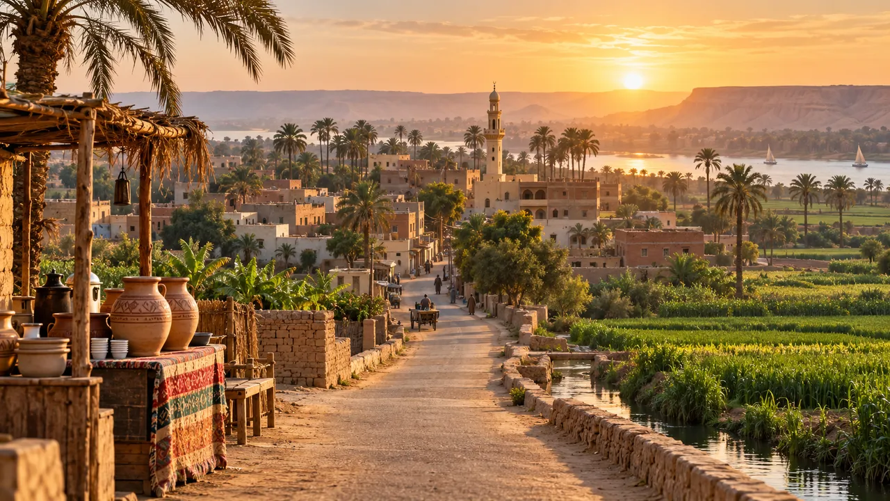 مشهد صعيدي دافئ لقرية أولاد حمزة وحقول العسيرات وطريق محلي وقت الشروق